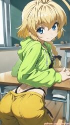 ai_generated anime_style blonde_hair blue_eyes blush braid butt_focus classroom femboy femboy_focus green_jacket haiyore!_nyaruko-san hastur_(nyaruko-san) kinkyfuel looking_over_shoulder school_desk seductive_pose solo tight_pants yellow_pants