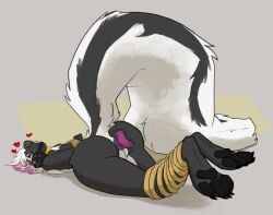 4_toes anal anal_sex anthro anus arms_tied ass balls barely_visible_balls barely_visible_genitalia big_butt big_tail black_body black_fur bound breast_squish breasts brown_background claws ear_piercing facial_piercing feet fur genitals gynomorph gynomorph_penetrated hands_behind_back heart_symbol intersex intersex_penetrated legs_tied lying mammal mephitid muzzle_(object) muzzled nose_piercing nose_ring nude_anthro nude_gynomorph object_in_ass on_front pawpads paws penetration perineum piercing rear_view ring_piercing sex_toy sex_toy_in_ass sex_toy_insertion simple_background skunk solo squish submissive submissive_anthro submissive_gynomorph submissive_intersex tail thick_thighs toe_claws toes trans_(lore) trans_woman_(lore) vanillayote vibrator vibrator_in_ass white_body white_fur