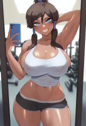 ai_generated avatar_the_last_airbender big_breasts blue_eyes busty female gym korra large_breasts mirror mirror_selfie see-through see-through_clothing selfie tank_top the_legend_of_korra tied_hair