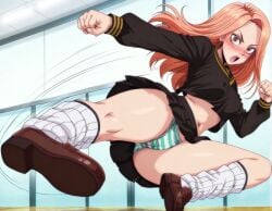 1girls ai_generated crop_top female kicking large_breasts orange_hair panties school_uniform tokyo_revengers upskirt yuzuha_shiba