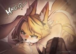 anthro anthro_penetrated arched_back ass bent_over between_legs big_butt blonde_hair bodily_fluids body_part_in_mouth cum cum_from_mouth cum_in_mouth cum_inside cum_on_own_penis cum_on_penis cum_on_self cum_overflow cumshot deep_penetration deep_throat depth_of_field domestic_cat duo ejaculation erection felid feline felis fellatio female female_anthro female_penetrated fluffy fluffy_tail fur furrowed_eyebrows genital_fluids genitals green_eyes hair high-angle_view holding_leash holding_object inner_ear_fluff leaking_cum leash looking_at_genitalia looking_at_penis male male/female male_penetrating male_penetrating_female mammal mihoyo muscular muscular_male open_mouth oral oral_penetration penetration penile penile_penetration penis penis_in_mouth pulchra_fellini sex sit_and_blow_position sitting sonakariart spread_legs spreading straining tail thiren throatpie tuft yellow_body yellow_fur zenless_zone_zero