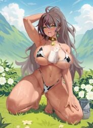 1girls big_ass big_breasts black_hair cow_bell cow_bikini cow_print cow_print_bikini cowbell earrings farm fat_tits female frog highlights indie_virtual_youtuber lactating lactation milk milking_breasts neon_harper nonbinary outside painted_toenails solo spilled_milk tan_body tan_skin thick_thighs thighs thirsty twitch virtual_youtuber yellow_eyes youtube