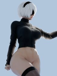 1girls 3d 3d_(artwork) big_breasts big_breasts black_blindfold black_shirt blindfold bottomless bottomless_female breasts breasts bubblebubbleb female_focus female_only large_boobs large_breasts nier nier:_automata nier_(series) robot robot_girl shirt solo solo_focus thick_thighs thighs video_game_character walking white_hair white_hair_female yorha_2b
