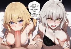 1boy 2girls ai_generated annoyed_expression bed black_bra blonde_hair bra breast_grab dialogue english_text fate/grand_order fate_(series) fellatio flashing_breasts grabbing_another's_breast groping_breasts jeanne_d'arc_(fate) jeanne_d'arc_(fate)_(all) jeanne_d'arc_alter_(fate) large_breasts one_breast_out oral pov tittyg-ai white_bra white_hair