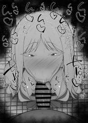 1boy 1girls :>= big_penis black_and_white blowjob blue_archive blush breasts censored dark-skinned_male dark_skin detailed_background drooling eyelashes fellatio female hair_ornament heart human indoor inside japanese_text kurotama long_hair looking_at_viewer male male_pov nagusa_(blue_archive) oral oral_sex penis pov ribbon room saliva school_uniform shiny shiny_skin sound_effects squatting sweat tongue_out vein veins veiny veiny_penis