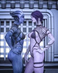 2girls 3d alien_girl bikini blue-skinned_female blue_skin drc-fantasyrenders female females_only liara_t'soni mass_effect purple-skinned_female purple_hair purple_skin tali'zorah_nar_rayya