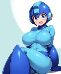 1girls ai_generated blue_headwear breasts capcom genderswap_(mtf) helmet large_breasts mega_man mega_man(classic) mega_man_(character) robot robot_girl rule_63 sitting smile