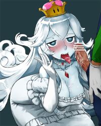 1boy 1girls after_oral armwear blue_eyes blue_overalls boosette breasts censor_bar censored_penis clothing crown cum cum_in_mouth cum_on_breasts cumdrip dress duo ejaculation erection faceless_male female female_focus genitals ghost ghost_girl gloves green_shirt hair haraya light-skinned_male light_skin long_hair looking_at_viewer luigi male male/female mario_(series) mature mature_female mature_male necklace nintendo open_mouth overalls penis penis_out saliva shirt straight tongue tongue_out unseen_male_face voluptuous voluptuous_female white_armwear white_dress white_gloves white_hair