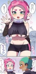 1girls 2koma 3boys ^^^ agent_3_(splatoon_3) arm_behind_back bandaged_arm bandages bare_shoulders bike_shorts black_bandages black_shirt black_shorts blue_eyes blue_hair blush breasts cameltoe choker comic commentary_request crop_top dark-skinned_male dark_skin flying_sweatdrops furrowed_brow green_eyes groin hair_ornament hair_scrunchie hand_up heart highres inkling inkling_boy inkling_player_character kinakosuki large_breasts looking_at_another medium_hair midriff motion_lines multicolored_eyes multiple_boys navel nintendo notice_lines octoling octoling_girl octoling_player_character oerba_yun_fang open_mouth parted_bangs pink_hair scrunchie shirt shorts sound_effects speech_bubble splatoon splatoon_(series) splatoon_3 splatoon_3:_return_of_the_mammalians staring suction_cups sweat tentacle_hair thick_eyebrows topknot torn_clothes torn_shirt translation_request two-tone_eyes underboob waving white_choker