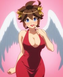 1girls ai_generated angel angel_wings blue_eyes brown_hair dress genderswap_(mtf) kid_icarus large_breasts lipstick nervous_smile nintendo pit_(kid_icarus) red_dress rule_63