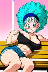 afro ai_generated blue_hair blush bulma_briefs denim_shorts dragon_ball lifting_shirt nipple_slip nipples pinku.ai six_pack smile teasing thick_thighs toned toned_female