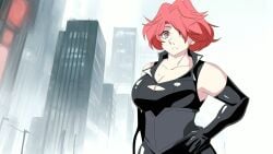 breasts breasts female female_only gloves hand_on_hip pk2 red_eyes red_eyes_female red_hair red_hair_female
