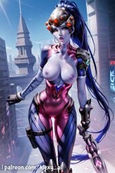 1girls ai_generated artist_name bodysuit breasts breasts_out building colored_skin earrings female gloves gun hair_pulled_back head-mounted_display holding holding_weapon klexyai large_breasts lips long_hair nipples open_mouth outdoors overwatch patreon pink_bodysuit ponytail purple_hair purple_lips purple_skin rifle sniper_rifle solo very_long_hair weapon widowmaker yellow_eyes