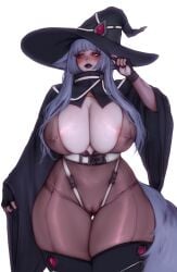altamira animal_ears areola areolae belt blush blush bodysuit breasts_bigger_than_head clothed clothing furiasonya gloves goth kemonomimi large_breasts lipstick nipple_piercing nipple_piercings_under_clothes purple_lipstick tail witch witch_hat