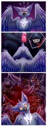 1:3 2025 3_panel_comic absurd_res animal_genitalia animal_humanoid animal_penis anthro artist_name avian avian_humanoid avian_tongue balls beak beak_fetish beak_play beak_sex beakjob big_balls big_breasts bird black_fur blood blood_splatter blue_theme bodily_fluids breast_play breasts brown_beak canid canine canine_genitalia canine_penis canis colored comic confusion dated digital_drawing_(artwork) digital_media_(artwork) duo english_text erection eyebrows fan_character feathers felid feline fellatio female female_penetrated fur fuzzy fuzzy_balls genitals grey_body grey_fur gryphon heart_eyes heart_symbol hi_res inner_ear_fluff knot knotted_penis leaking_precum licking long_ears lying_and_blow_position male male/female male_penetrating male_penetrating_female mammal muscular muscular_anthro muscular_male mythological_avian mythological_creature oral oral_penetration pattern_background penetration penile penis penis_between_breasts penis_lick pink_theme precum precum_on_penis purple_theme question_mark red_spots sex shaded sharp_teeth signature simple_background tasseya teeth text tongue tongue_out tuft url veiny_knot veiny_penis watermark white_body white_fur wings wolf yellow_eyes