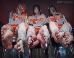 3d 3d_(artwork) 3girls aequd aequdsama black_hair blue_eyes blue_nails boa_hancock clothed_female foot_fetish foot_focus hooters_uniform large_breasts legwarmers light-skinned_female nami_(one_piece) nico_robin one_piece orange_eyes orange_hair perky_nipples purple_nails red_nails sitting soles