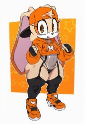 ai_generated backwards_baseball_cap bodysuit cream_the_rabbit drip dripped_out fingerless_gloves garter_straps happy hoodie huge_ass midriff orange_clothing oversized_clothes oversized_topwear peace_sign petite shortstack sonic_(series) street_style thick_thighs white_background