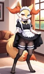 1girls 2025 ai_generated anthro black_body blue_eyes braixen digitigrade dress_lift female female_only flashing generation_6_pokemon heterochromia hi_res indoors inner_ear_fluff innie_pussy living_room maid_uniform nintendo no_panties orange_eyes orange_fur plump_labia pokemon pokemon_(species) pussy smile white_fur yellow_fur
