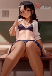 1girls 2d ai_generated areolae ass back bare_shoulders big_ass black_hair blue_eyes bra brown_eyes dark_skin dark_skinned_female day erophoenix female female_focus full_body hairclip hayase_nagatoro jewelry long_hair looking_at_viewer one-piece_tan panties patreon_username please_don't_bully_me,_nagatoro sitting skin_fang small_breasts smile solo tan tan_body tan_lines tanline thick thick_thighs uncensored underwear undressing