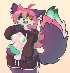 2025 animal_genitalia animal_penis anthro areola balls big_tail bottomwear bottomwear_down breasts canid canine canine_genitalia canine_penis cheek_tuft chest_tuft clothed clothing clothing_lift erection facial_tuft fox futanari genitals green_nipples green_penis gynomorph hair hi_res hoodie hoodie_lift inner_ear_fluff intersex leg_tuft long_hair looking_at_viewer mammal multi_nipple nipples one_eye_closed partially_clothed penis presenting presenting_breasts presenting_penis sheath shorts shorts_down skellybeanz smile solo tail thigh_tuft topwear tuft yellow_eyes