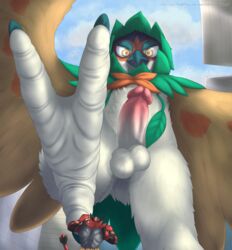 2boys ambiguous_gender anthro avian barefoot bartucthebloody beak bird black_fur city claws day decidueye duo erection feathered_wings feathers feet feline fur incineroar looming low-angle_view macro male male_only mammal nintendo owl penis perspective pokemon pokemon_sm red_fur size_difference soles solo_focus standing stomping testicles text video_games wings