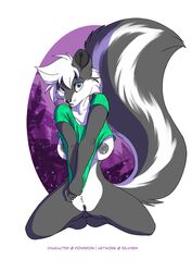 2016 abstract_background anthro areola barefoot big_tail biped black_fur black_nipples black_nose black_tail bottomless breasts clitoris clothed clothing eyebrows female front_view full-length_portrait fur green_clothing green_topwear grey_eyes hair hi_res kneeling long_tail looking_at_viewer mammal multicolored_fur multicolored_tail nipples open_mouth portrait pussy shirt short_hair shy silvixen skunk snout solo t-shirt two_tone_fur two_tone_tail watermark white_fur white_hair white_tail