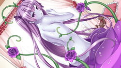 alraune alura_une ass blush breasts flowers game_cg monster_girl monster_musume_no_iru_nichijou monster_musume_no_iru_nichijou_online official_art plant plant_girl purple_eyes purple_hair purple_skin reshia_(monster_musume) roses tied_hair twintails venus_weed