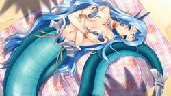 blue_eyes blue_hair blush bra breasts collar game_cg horns lamia long_hair monster_girl monster_musume_no_iru_nichijou monster_musume_no_iru_nichijou_online necklace official_art scales sea_(monster_musume) sea_serpent smile tiara