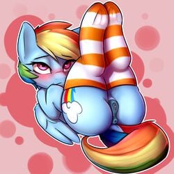 2017 absurdres anatomically_correct anatomically_correct_pussy animal_genitalia animal_pussy anus ass blush captainpudgemuffin clitoris dimwitdog edit equine equine_pussy feathered_wings feathers female female_focus female_only feral friendship_is_magic hasbro highres legs_up mammal multicolored_hair multicolored_tail my_little_pony pabbley pegasus presenting presenting_pussy pussy rainbow_dash_(mlp) rainbow_hair rainbow_tail solo striped striped_legwear stripes thighhighs wings