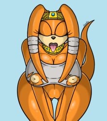 anthro bandage belly big_breasts breasts canastus closed_eyes clothing crown cum dreadlocks echidna eyelashes female jewelry mammal monotreme nipples nude open_mouth pussy solo sonic_(series) tiara tikal_the_echidna tongue tongue_out torn_clothing