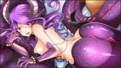 ass back blush bra breasts claws game_cg horns iormu_(monster_musume) jewels lamia monster_girl monster_musume_no_iru_nichijou monster_musume_no_iru_nichijou_online official_art open_mouth pointy_ears purple_hair red_eyes scales