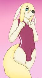 anthro bulge canine clothing dripping erection girly looking_at_viewer male mammal morhlis one-piece_swimsuit open_mouth penis_outline precum shy slim solo solo_male standing swimsuit wet wet_spot young