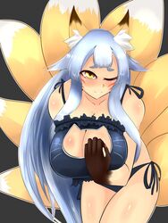 1girls animal_ears animal_tail bikini blue_hair blush bra breasts cat_bra cute fellaphilia female fox_ears fox_tail kitsune long_hair monster_girl monster_musume_no_iru_nichijou monster_musume_no_iru_nichijou_online multi_tail pale-skinned_female petite shy smile tail whisker_markings white_hair wink yellow_eyes youko_(monster_musume)