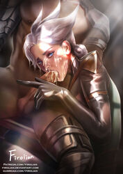 1boy 1girls armor blue_eyes camille_ferros cum cum_on_body cum_on_upper_body facial fellatio female firolian gauntlets high_resolution hips league_of_legends legs male oral penis short_hair tagme testicles thighs viktor_(league_of_legends) white_hair