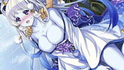 1boy blue_skin blush bow breasts cleavage kimono long_hair male monster_girl monster_musume_no_iru_nichijou monster_musume_no_iru_nichijou_online open_mouth ponytail purple_eyes tied_hair white_hair yuki_(monster_musume) yuki_onna