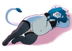 anthro balls belly blue_body blue_fur bra chubby-shark clothed clothing crossdressing felid flaccid fur genitals legwear lion lying male male_only mammal mostly_nude navel on_side pantherine pawpads penis slightly_chubby solo stockings underwear