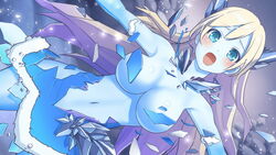 1girls blonde_hair blue_eyes blue_skin blush breasts covered_nipples female female_only game_cg icicle monster_girl monster_musume_no_iru_nichijou monster_musume_no_iru_nichijou_online official_art open_mouth rosty_(monster_musume) solo undressed