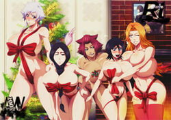 5girls alternate_breast_size bimbo bleach christmas christmas_outfit dark-skinned_female dark_skin ero-enzo female haineko huge_ass huge_breasts kotetsu_isane kuchiki_rukia matsumoto_rangiku multiple_girls present presenting ribbon unohana_retsu voluptuous