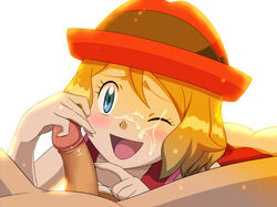 1boy 1girls ;d aki_(yunkana) ass bare_arms blonde_hair blue_eyes blush clothed_female_nude_male cum cum_on_body cum_on_closed_eye cum_on_face cum_on_upper_body erection eyelashes facial female happy hat heart human human_only looking_at_viewer nintendo one_eye_closed open_mouth penis pokemon pokemon_xy pov serena_(pokemon) short_hair short_serena simple_background smile solo_focus spread_legs straight tongue uncensored white_background wink