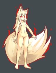 animal_humanoid armpits big_tail breasts canine female fox glowing glowing_eyes hair humanoid inner_ear_fluff long_hair mammal nipples nude pale_skin pussy red_eyes red_glow simple_background slim slit_pupils smile solo standing sub-res suzu_(sub-res) white_hair