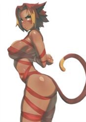 animal_ears arms_behind_back ass blonde_hair bondage bound_arms breasts brown_hair cat_ears cat_tail chiyo_hoshi covered_nipples dark-skinned_female dark_skin eymbee facial_mark female female_only femsub final_fantasy final_fantasy_xiv looking_back miqo'te naked_ribbon ribbon ribbon_bondage short_hair sideboob simple_background solo tail two_tone_hair white_background yellow_eyes