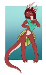 2016 ailuranthropy anthro barefoot blue_background blue_eyes blue_topwear breasts clothed clothing clothing_lift countershading dragon evellyn female flashing front_view fully_clothed green_bottomwear hair hand_on_breast horn multicolored_body no_underwear pussy red_body red_hair scalie shirt simple_background skirt skirt_lift smile solo standing