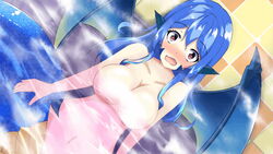 bath blue_hair blush breasts game_cg gina_(monster_musume) lamia long_hair melusine monster_girl monster_musume_no_iru_nichijou monster_musume_no_iru_nichijou_online navel nude official_art open_mouth pointy_ears red_eyes scales wings