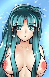 blue_eyes blue_hair breasts camelot exposed_breasts exposure golden_sun hands_behind_back large_breasts long_hair mia_(golden_sun) nintendo nude outside pout reece_degraaf snow snowstorm