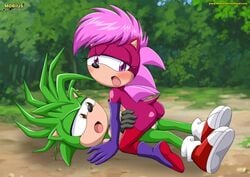 1boy brother_and_sister cowgirl_position cum female incest male manic_the_hedgehog moaning mobius_unleashed nude outside palcomix sex sonia_the_hedgehog sonic_(series)