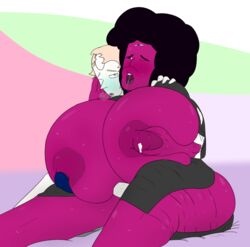 3_eyes 5h4m3l355 big_breasts big_hips blush breasts garnet_(steven_universe) gem_(species) gem_fusion huge_breasts lactation moaning multi_eye nipples pearl_(steven_universe) red_skin sideass steven_universe white_skin yuri