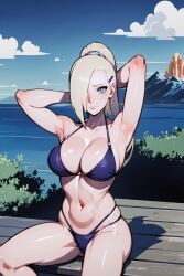 1girls ai_generated armpits arms_behind_head arms_up big_breasts bikini_bottom bikini_top blonde_hair blue_eyes boruto:_naruto_next_generations breasts cleavage costemania female female_only hair_over_one_eye huge_breasts ino_yamanaka large_breasts light-skinned_female light_skin looking_at_viewer mature mature_female midriff milf nai_diffusion naruto naruto_(series) outdoors paipan pale-skinned_female pale_skin pose posing sitting solo solo_focus stable_diffusion swimsuit toned toned_female very_long_hair white_skin