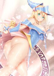 1girls ass ass_focus blonde_hair blush breasts calcio clothing dark_magician_girl duel duel_monster exposed_nipples female green_eyes hi_res long_hair looking_at_viewer looking_back looking_down shine smile solo staff thick_ass thick_legs voluptuous wizard_hat yu-gi-oh!