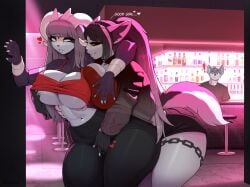 anthro bar bovid breasts canid canine caprine clothed clothing female female/female fingering fingering_partner fingers furniture heart hi_res male mammal navel racoe sex stool thick_thighs