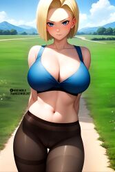 ai_generated android_18 blonde_female bra dragon_ball nerdworld97 pantyhose thick_thighs waifu